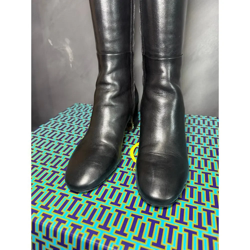 Tory Burch GIGI 55mm Tall Boots Calf Leather Stretch Suede Black Gold Size 8